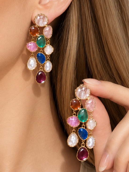 Anthropologie Jewelry - Multicolor Gemstone Drop Earrings - Gold Tone
